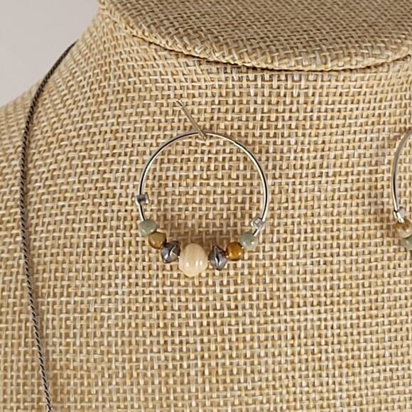 Beaded Hoop Earrings, Long 30" Bead Necklace Set Mixed Green Brown Silver Tone - Picture 8 of 14